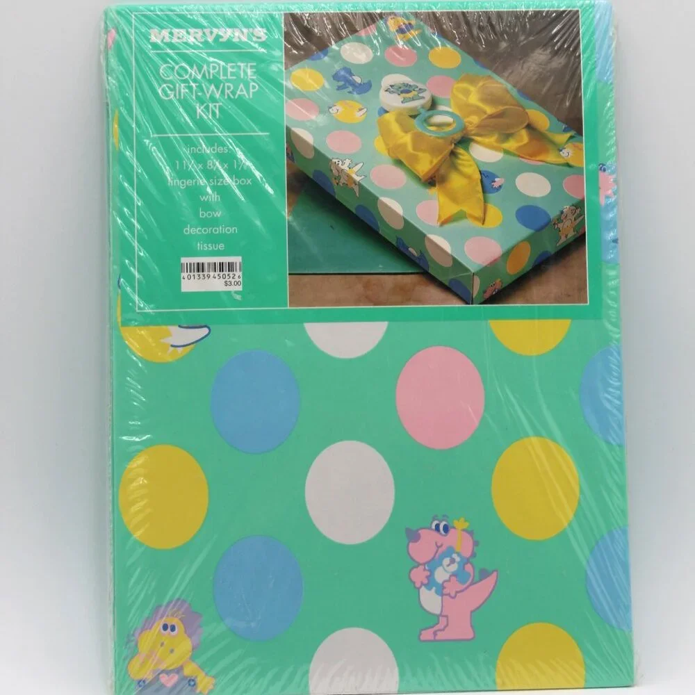 NOS MERVYN'S Child's Complete Gift Wrap Kit Green W/ Polka Dots Dinosaurs Rattle